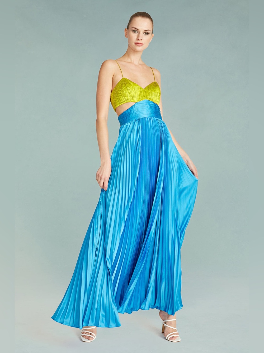 AMUR Elodie Two-Tone Spaghetti Strap Maxi Dress in Lime Green & Bright Blue
